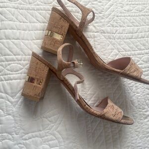 Stuart Weitzman cork sandals with gold detail on heel